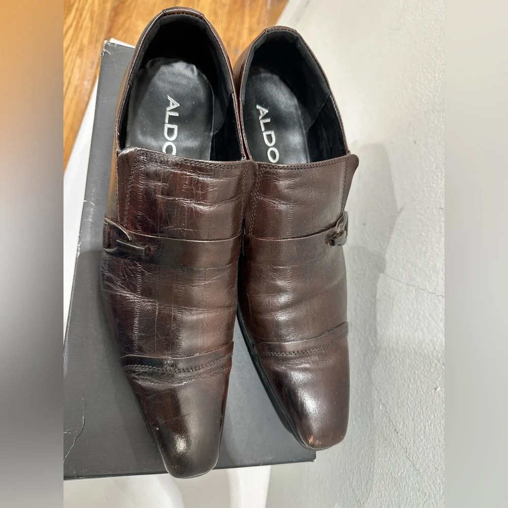 ALDO Men's Dark Brown Leather Slip-On Loafers with Buckle Accent - Picture 1 of 10
